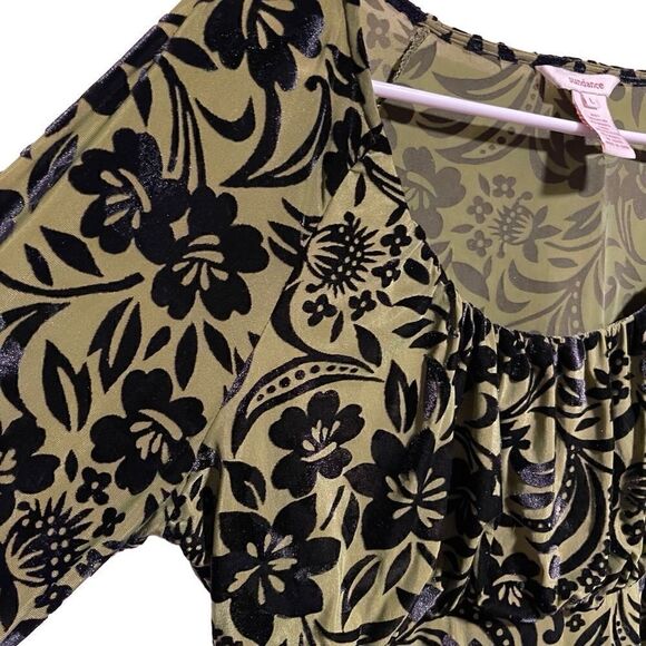 Sundance Catalog- Women Blouson Green w Black Velvet Burnout Top Blouse, Size L - Picture 4 of 8